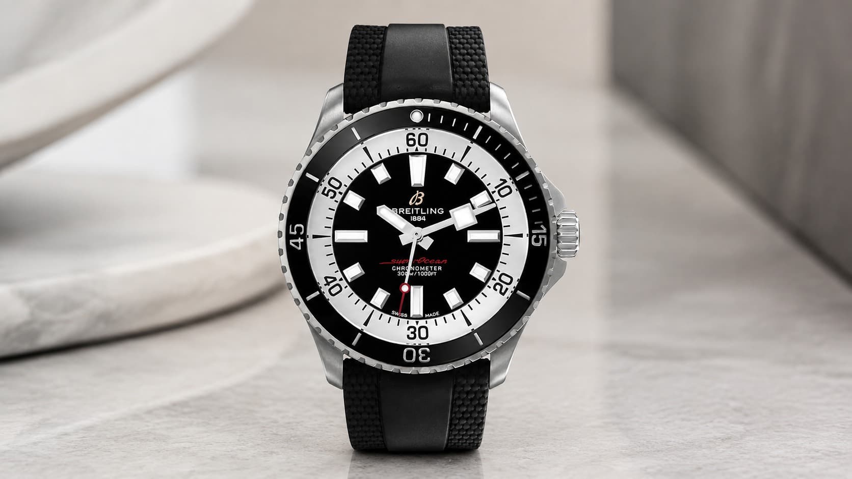 Breitling Superocean Automatic dive watch with a black dial and rubber strap