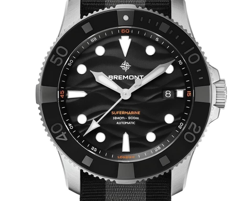 Bremont Supermarine dive watch with black wave-pattern dial and striped NATO strap