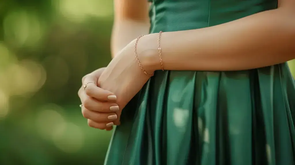 Bridesmaid in a green dress showcasing a bracelet on her wrist