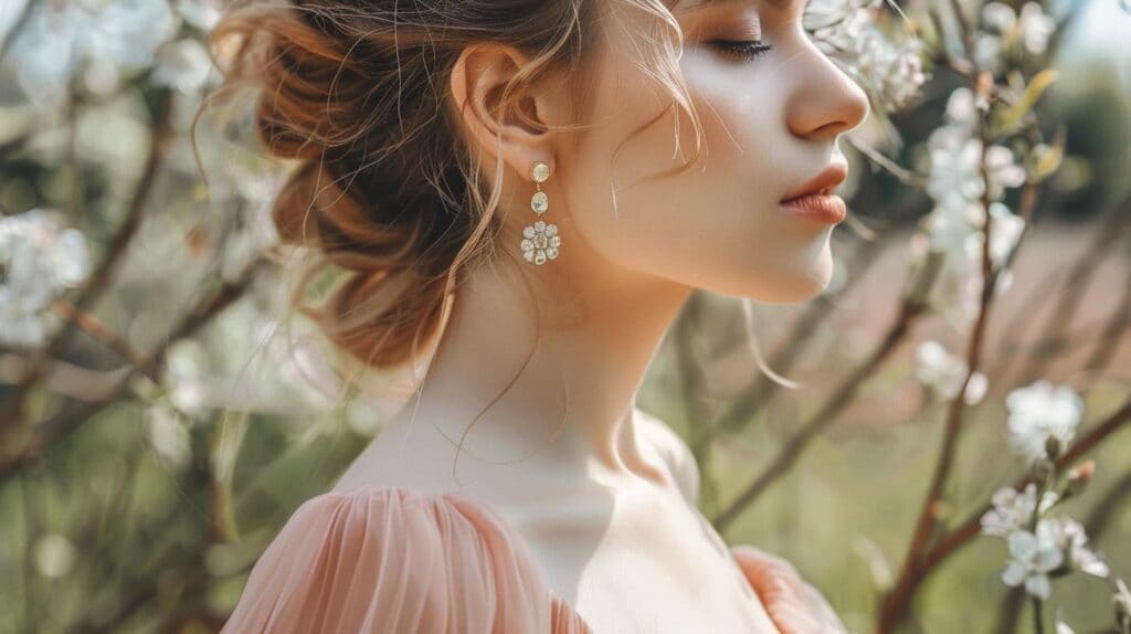 Bridesmaid with elegant earrings standing near blooming flowers