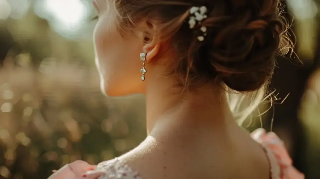 Bridesmaid with styled hair wearing dangling earrings