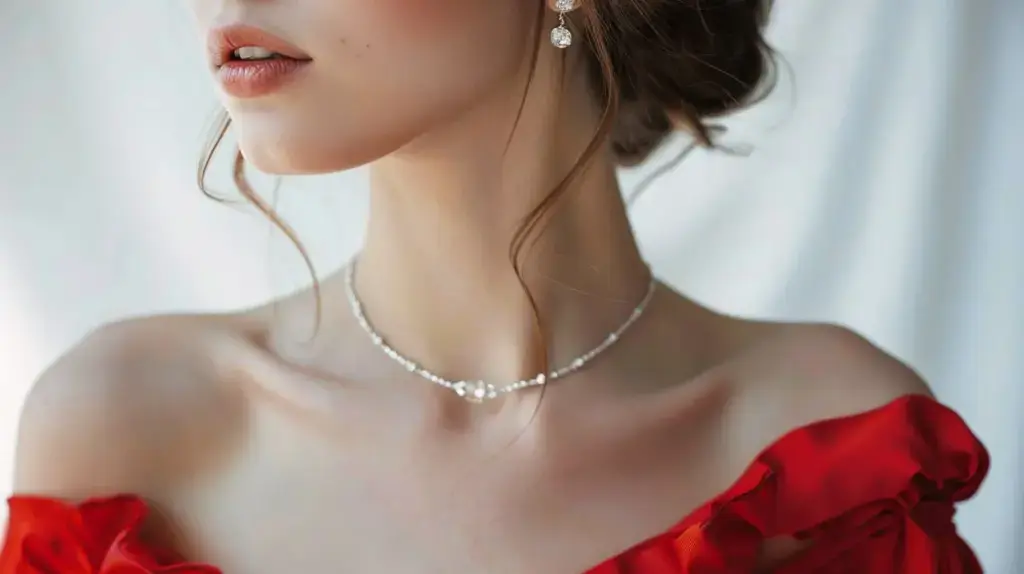Bridesmaid in a red dress wearing a delicate necklace and earrings