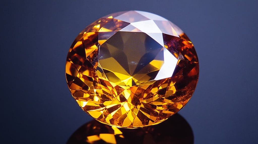 A brilliant-cut golden-orange zircon gemstone with exceptional fire and brilliance, representing one of December's birthstones.