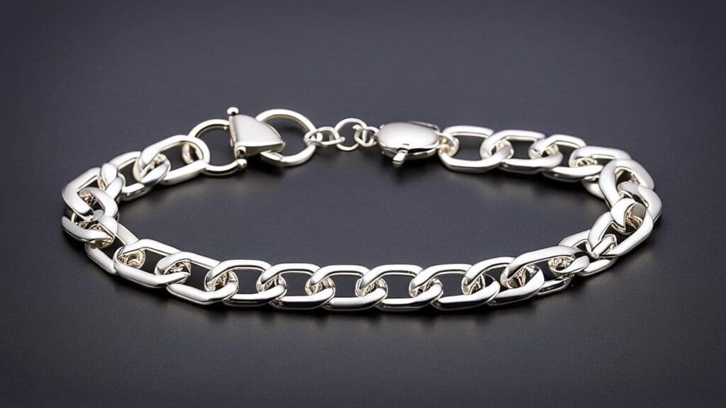 A chunky Britannia silver link bracelet with a secure clasp, set against a dark background for contrast.