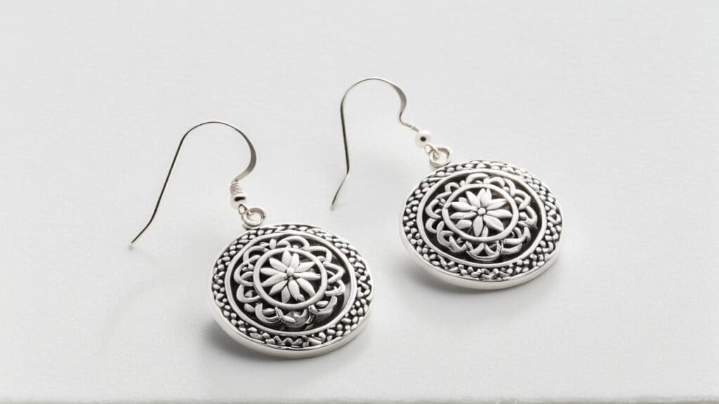 A pair of intricately designed Britannia silver dangle earrings featuring a floral pattern on a white background.