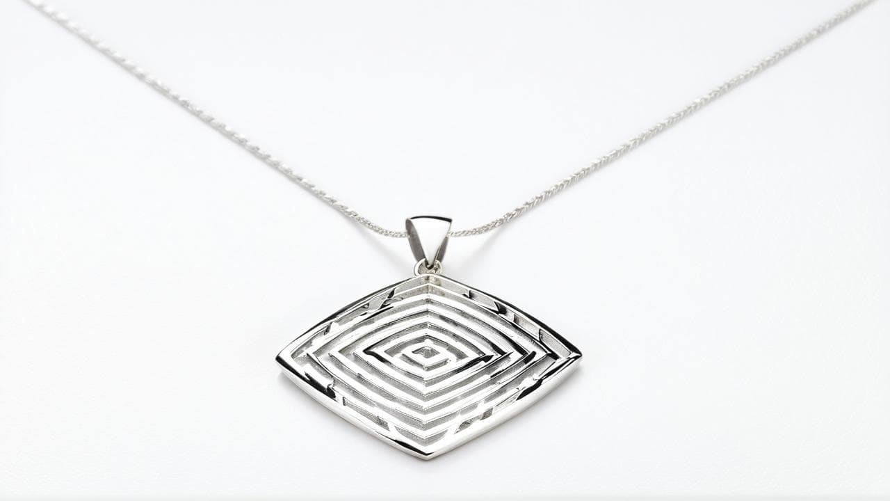 Silver diamond-shaped pendant with concentric square spirals on a chain