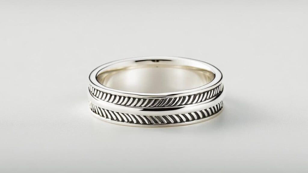 A stylish Britannia silver band ring with a detailed textured pattern, photographed on a white background.