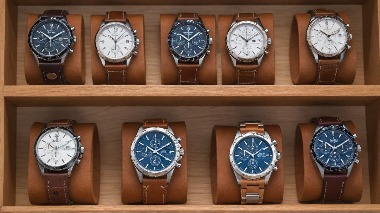 Chronographs with leather straps displayed on cushions in a wooden case