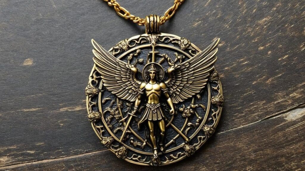 Bronze Archangel Michael medallion pendant with intricate detailing, depicting the warrior angel with outstretched wings, sword, and ornate circular background.