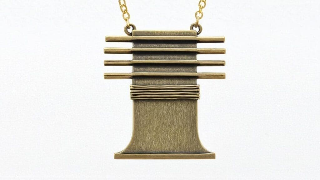 Bronze Djed pillar necklace featuring an ancient Egyptian symbol of stability and endurance, suspended from a gold-toned chain.