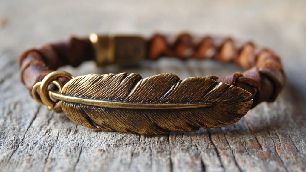 Bronze feather bracelet with a rustic leather strap, symbolizing strength and connection to nature.