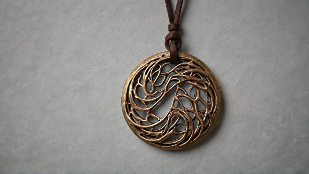 Handcrafted bronze pendant necklace with an intricate openwork design, suspended on a leather cord and displayed against a textured gray background.