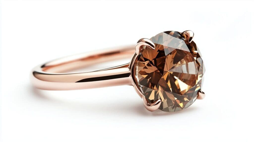 Close-up of a brown diamond engagement ring set in rose gold, showcasing the diamond's brilliance and warm champagne hue.