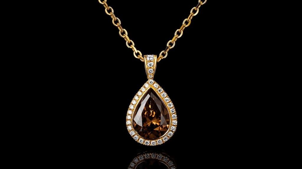 Elegant pear-shaped brown diamond pendant necklace with a halo of white diamonds set in yellow gold, displayed against a black background.