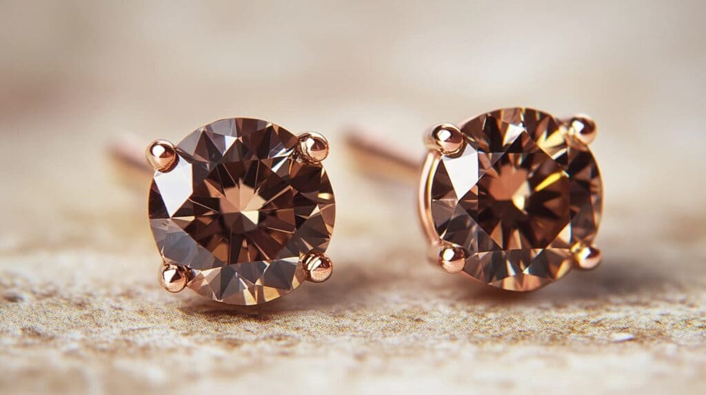 A pair of round brown diamond stud earrings set in rose gold, reflecting warm tones and sparkling brilliance.