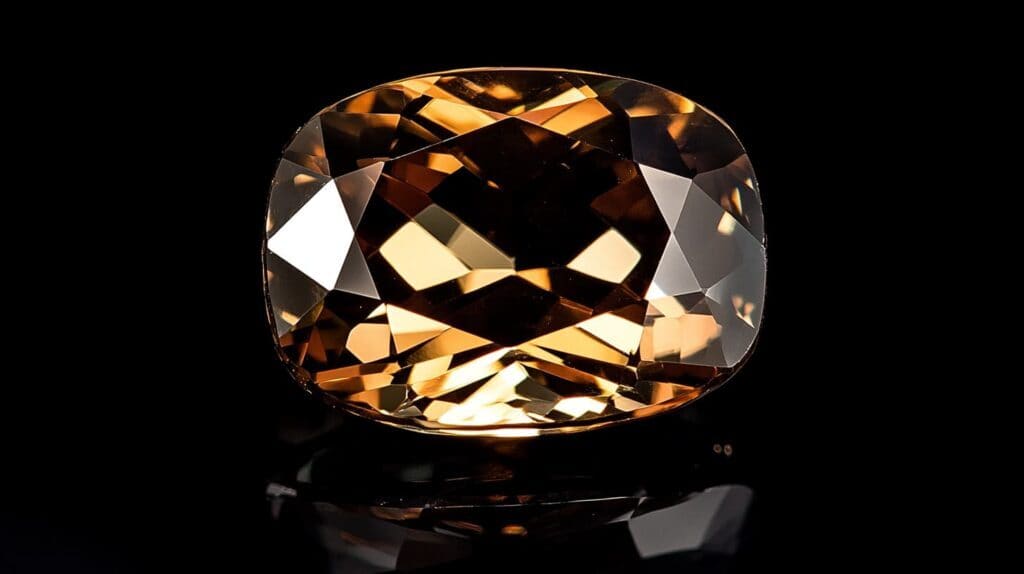 A faceted brown kornerupine gemstone showing its pleochroic properties with warm golden and amber tones, set against a reflective black surface.