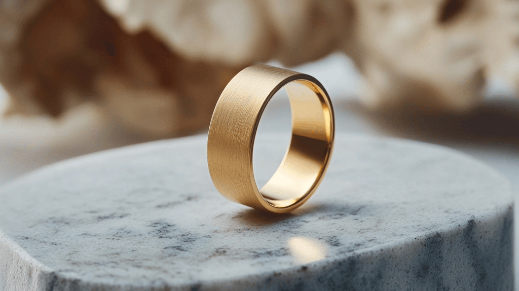 Minimalist brushed gold band ring made from 12K gold, highlighting its durability and sophisticated finish.