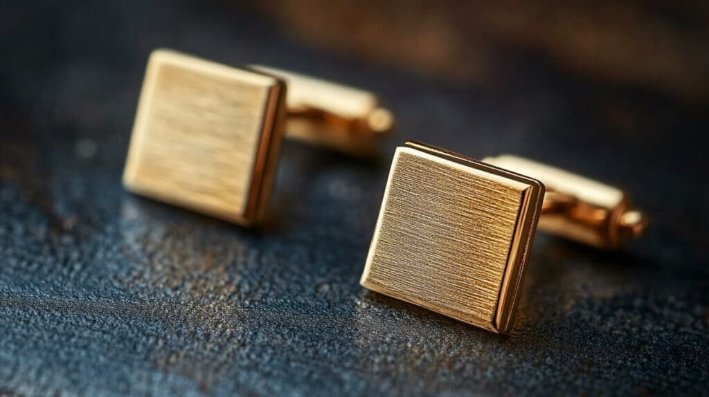 A pair of brushed gold square cufflinks resting on a dark textured surface, exuding timeless sophistication and understated luxury.