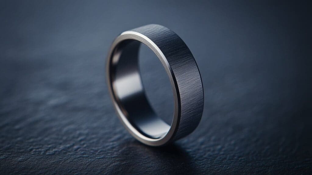 Close-up of a brushed titanium ring on a dark textured surface, highlighting its heat resistance and strength for hot climates.