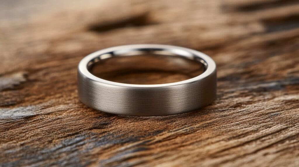 Minimalist brushed titanium wedding band with a matte finish, displayed on a rustic wooden surface.