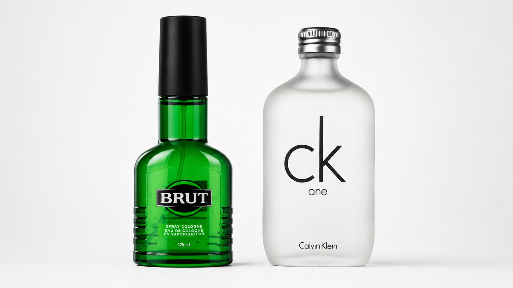 Fabergé Brut cologne next to Calvin Klein CK One, comparing a classic men's cologne with a unisex fragrance