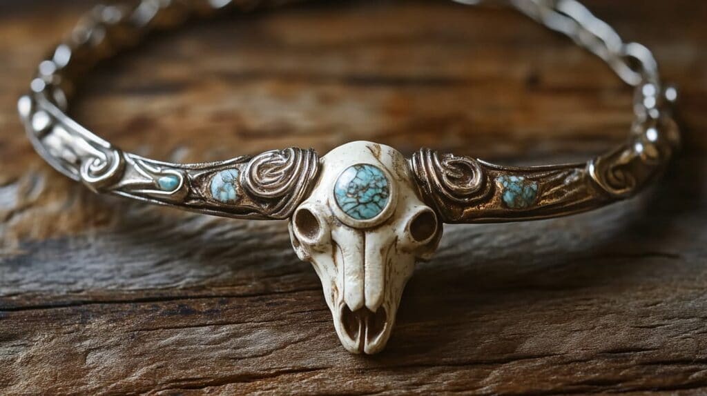 Western-style bracelet with carved buffalo skull and turquoise inlay, set on engraved silver.