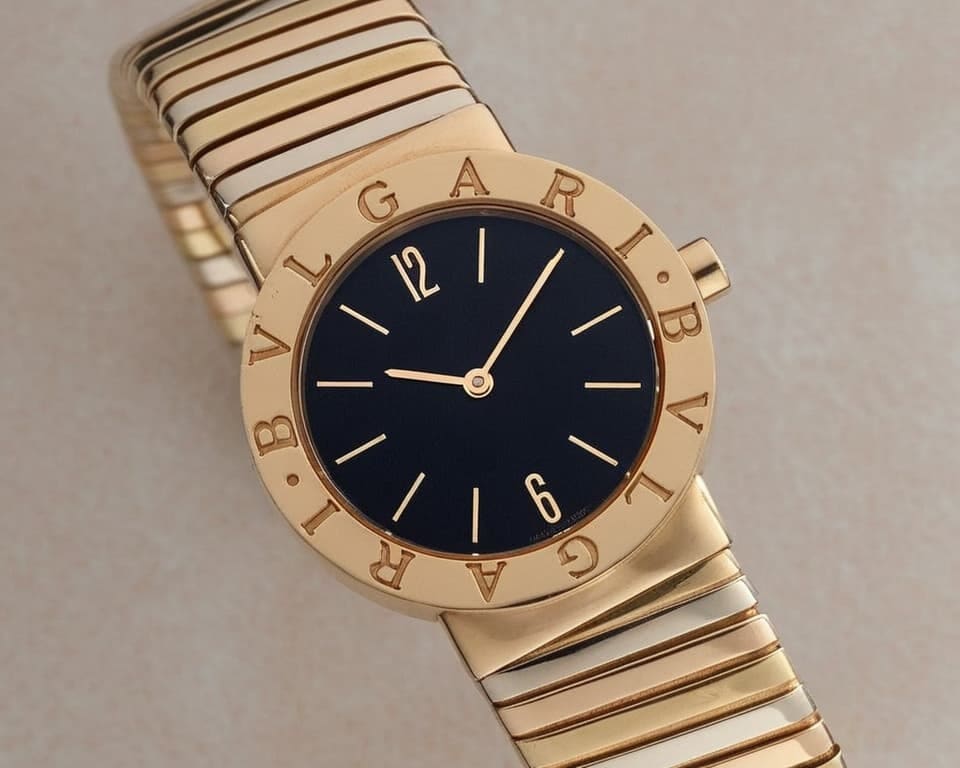 Bulgari BVLGARI luxury watch in rose gold with black dial, iconic logo bezel, and flexible tubogas bracelet showcasing Italian craftsmanship and Roman coin inspired design