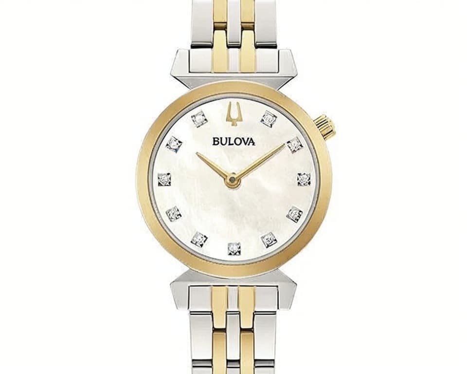 Bulova women's watch with diamond hour markers, mother-of-pearl dial, and two-tone gold and silver bracelet