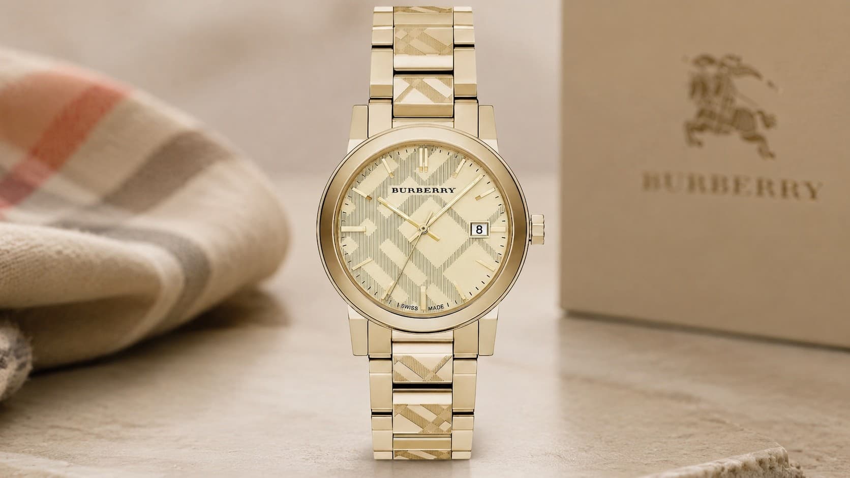 Burberry The City gold watch with engraved check dial, reference BU9038