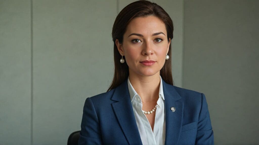 Professional woman in navy business suit wearing classic pearl necklace and pearl drop earrings, demonstrating appropriate business formal jewelry