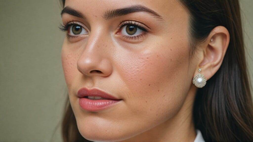 Close-up of professional woman wearing elegant pearl drop earrings with diamond accents, perfect for business formal settings