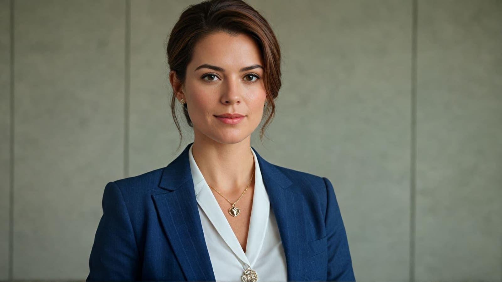 Woman in a navy suit wearing a delicate gold pendant necklace in an office