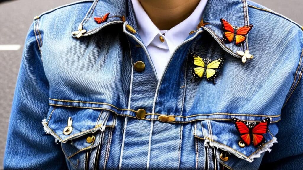Colorful butterfly brooches in red, yellow, and orange adorning a blue denim jacket, creating a playful and stylish fashion statement.
