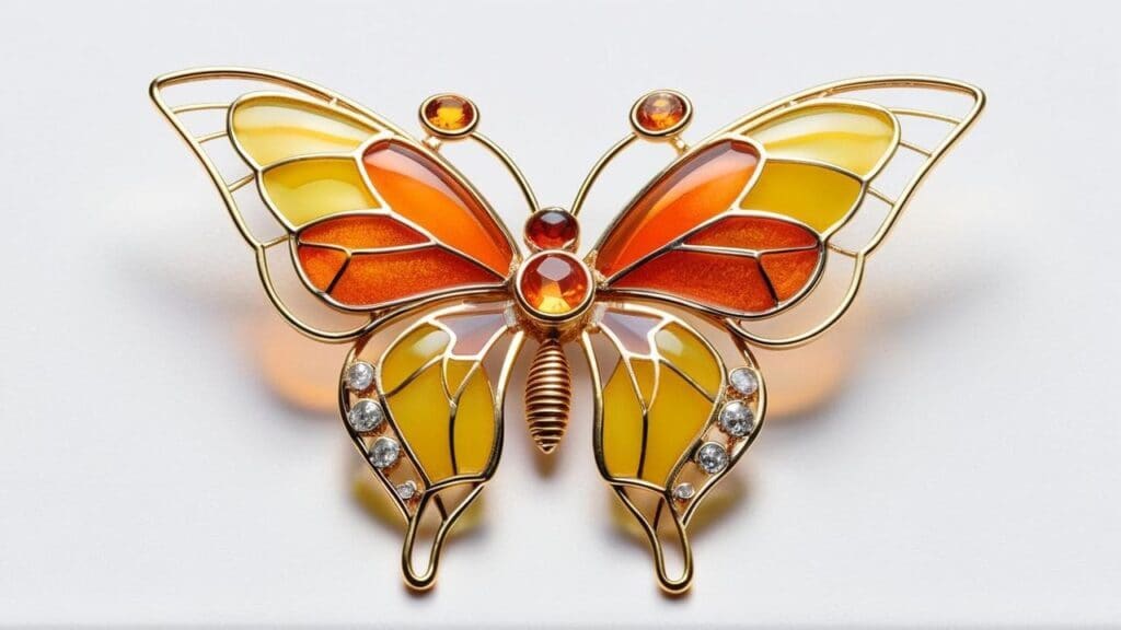 Butterfly plique-à-jour brooch with orange and yellow transparent enamel wings in gold framework