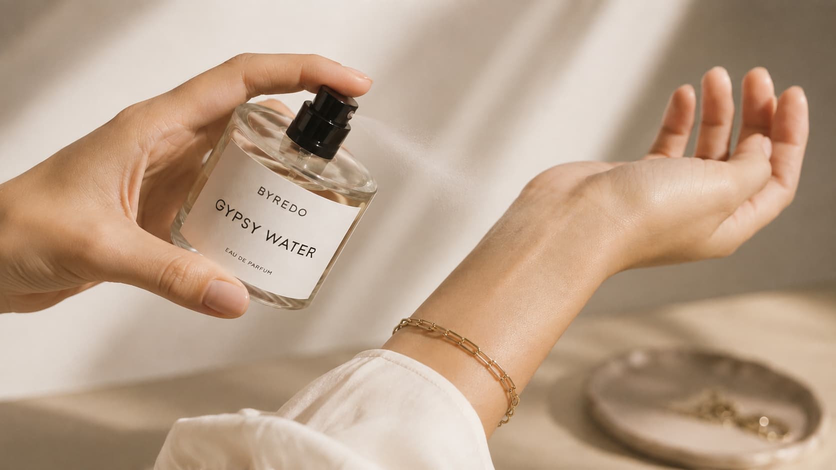 Applying Byredo Gypsy Water perfume to the wrist, one of the best pulse points for longer-lasting scent