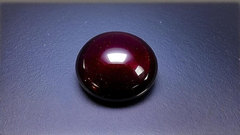A polished cabochon-cut almandine garnet with a deep red hue, displayed on a dark background.