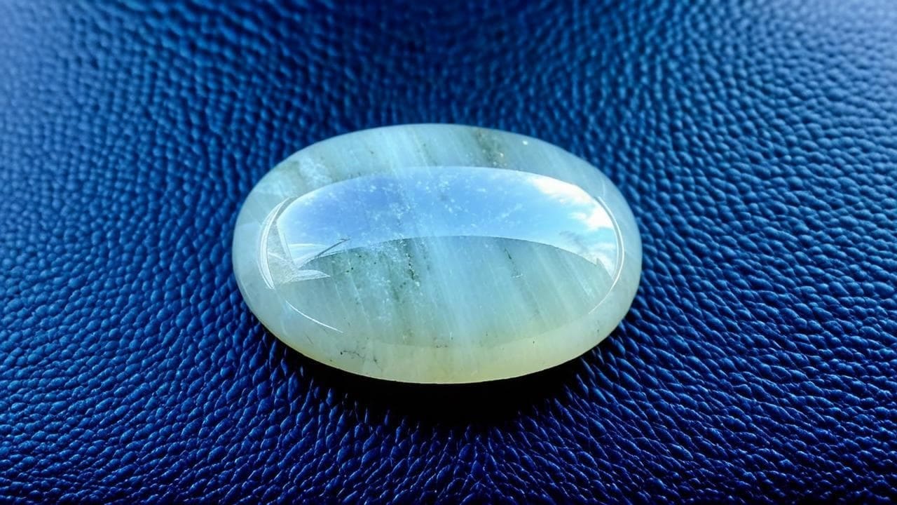 Oval sillimanite cabochon with a soft cat's-eye sheen on blue leather