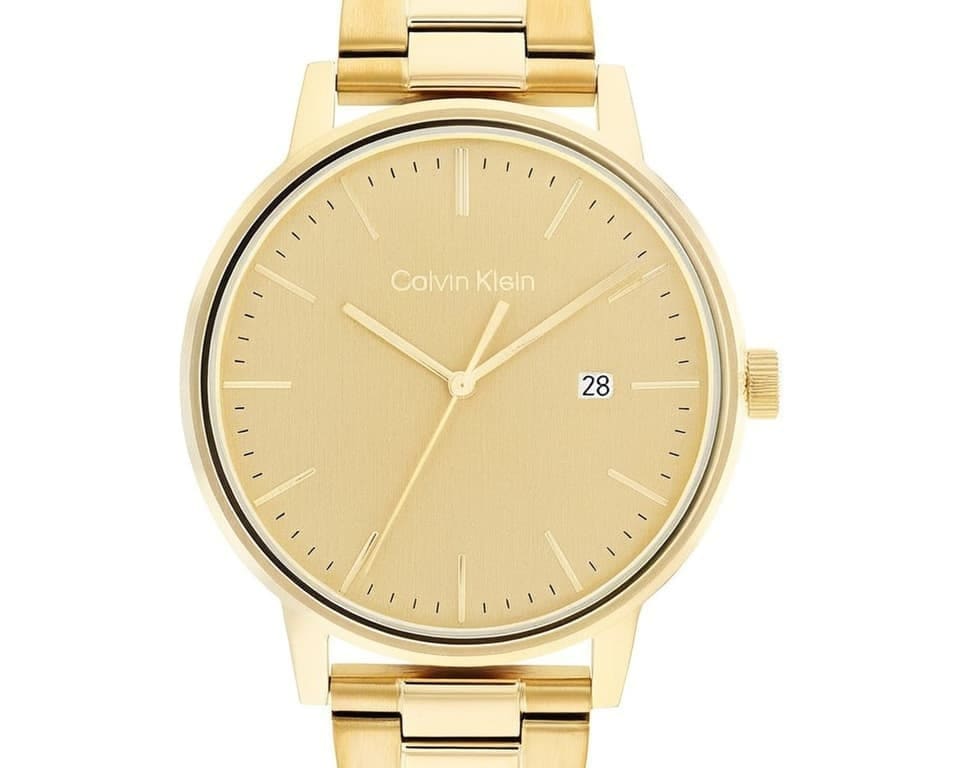 Calvin Klein City collection watch in gold-tone PVD coating with champagne sunburst dial, date display at 3 o'clock and matching gold bracelet