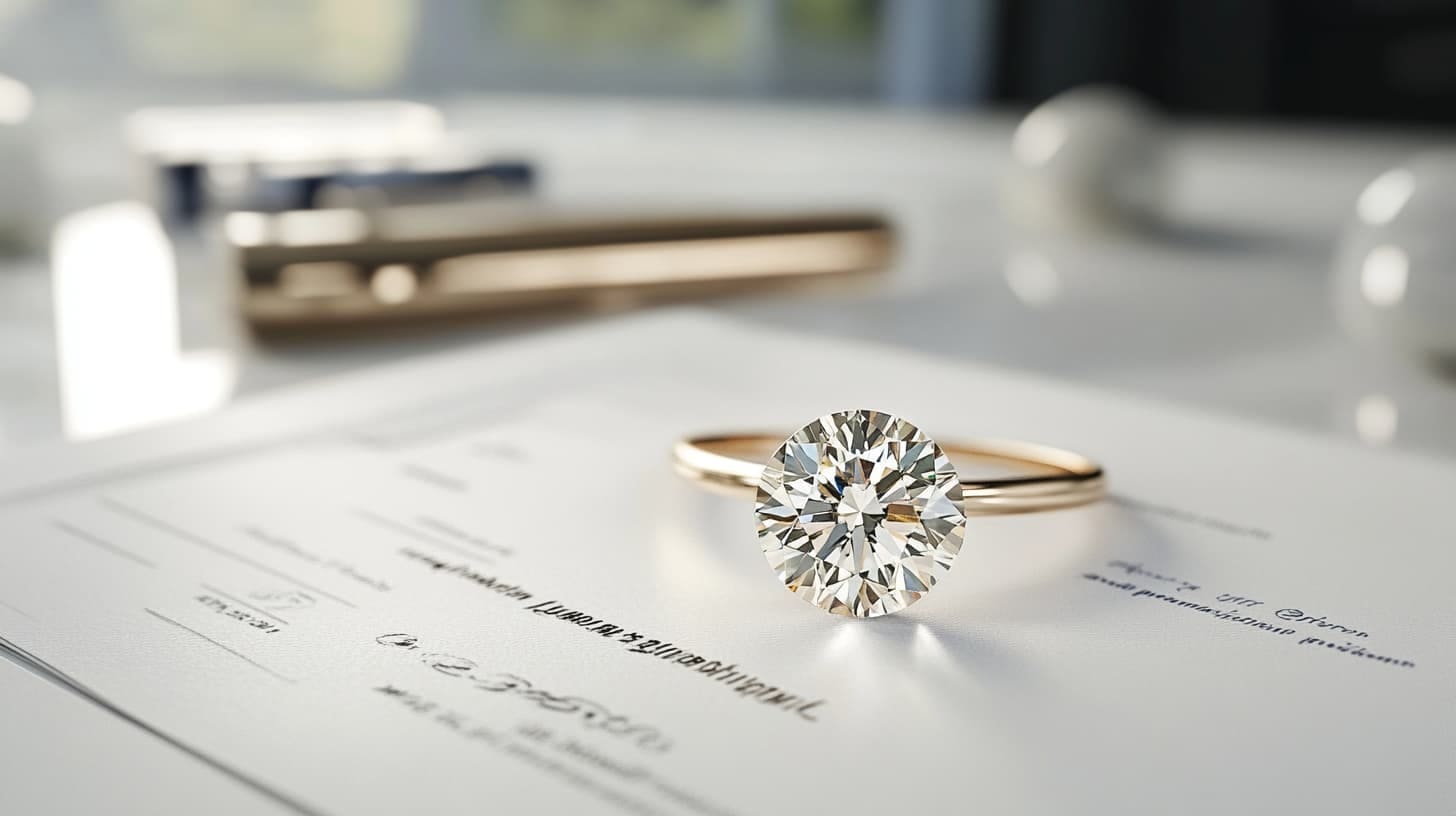 Diamond solitaire ring in gold resting on a printed certification document