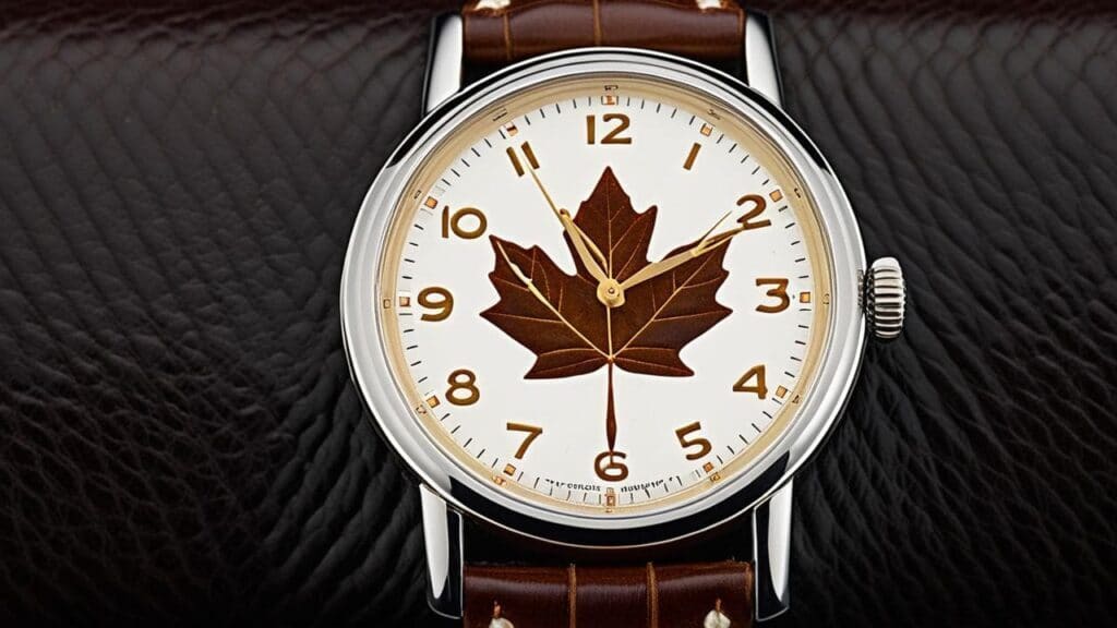 Canadian watch with distinctive maple leaf design on cream dial, brown leather strap, and Arabic numerals showcasing national heritage