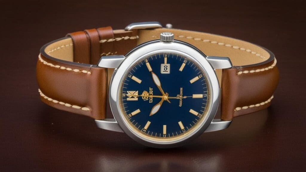 Elegant Canadian watch with deep blue dial and brown leather strap featuring gold accents and date display