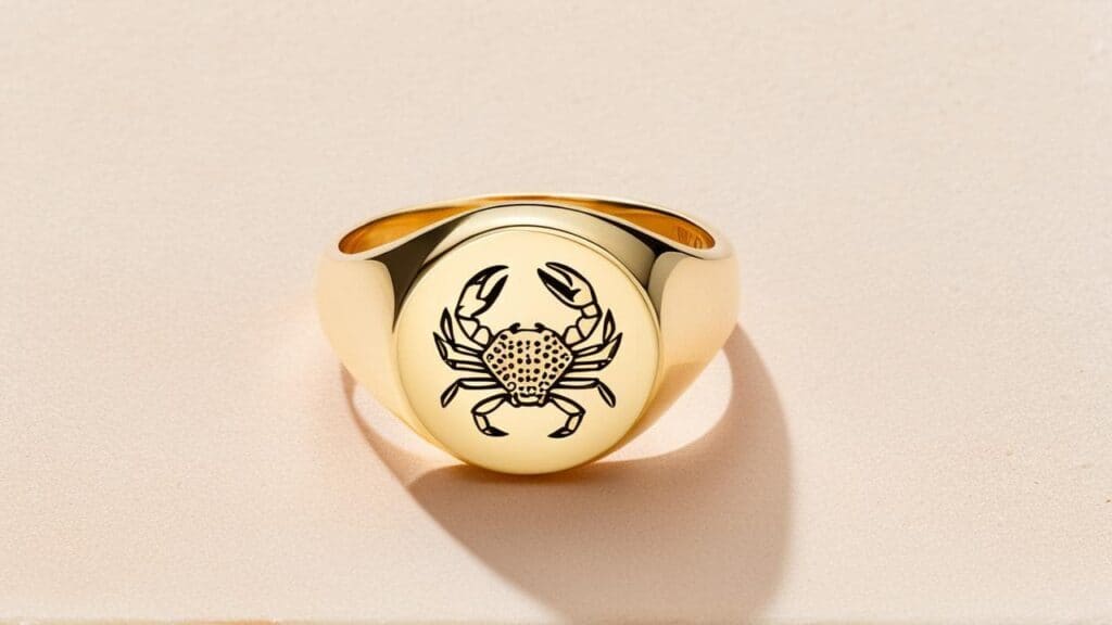Gold signet ring featuring engraved Cancer crab symbol in classic round design
