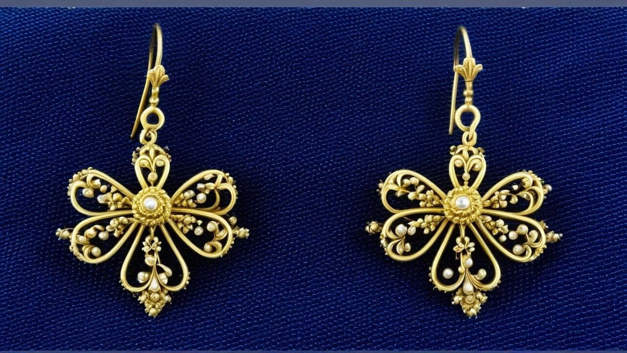 Gold cannetille earrings of coiled wire scrolls and seed pearls on blue fabric