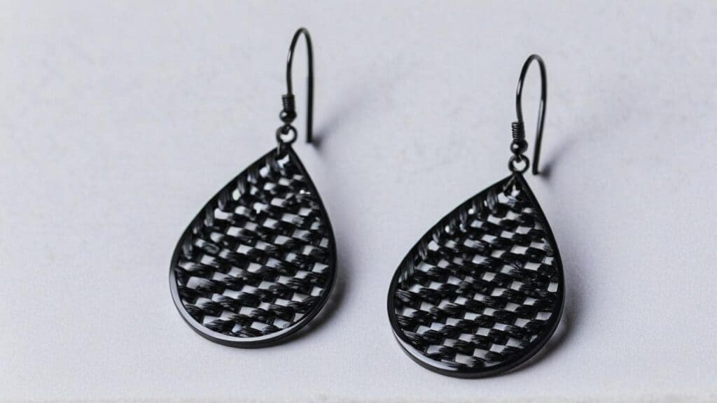 Carbon fiber drop earrings with teardrop shape showing woven pattern texture