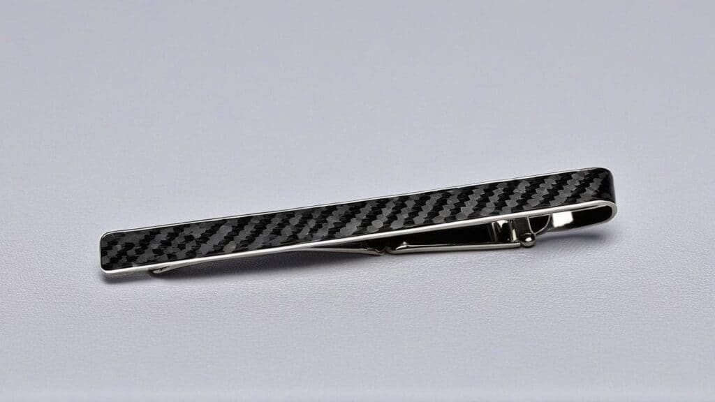 Carbon fiber tie clip with visible woven texture and silver edges on neutral gray background