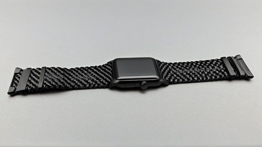 Carbon fiber watch band showing distinctive woven pattern with black case and clasp