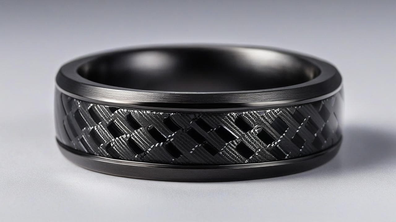Black carbon fiber ring with glossy woven diamond-pattern inlay