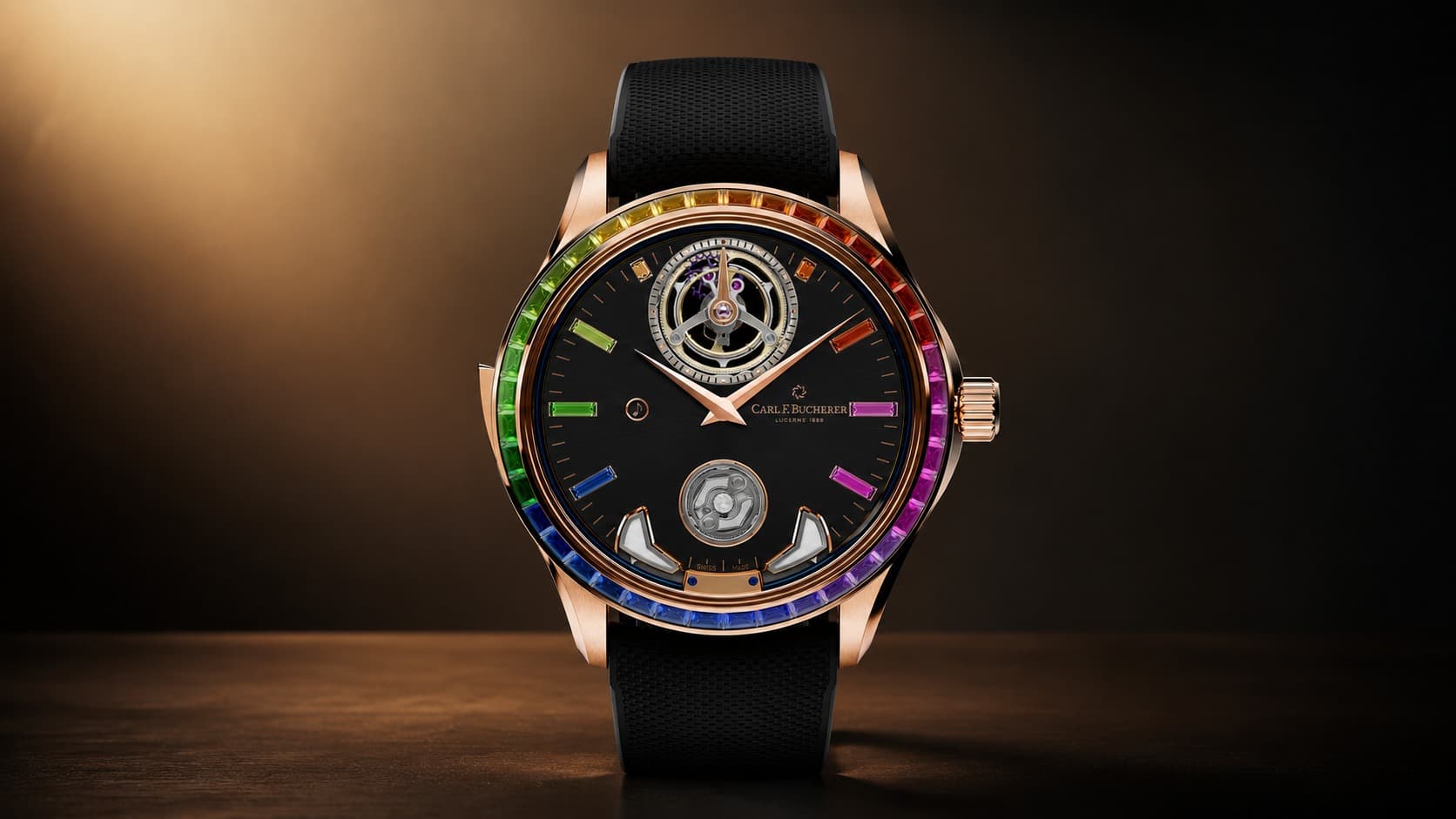 Carl F. Bucherer Manero Minute Repeater Anniversary watch with rainbow sapphire bezel and skeleton tourbillon dial