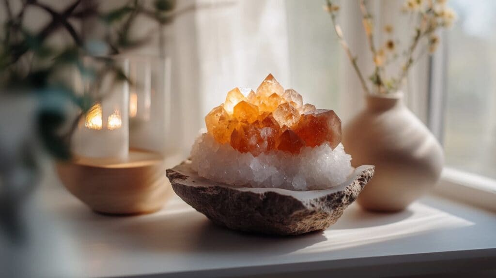Raw carnelian crystal geode with fiery orange tones placed on a bed of quartz, surrounded by soft natural décor in a serene meditation setting.
