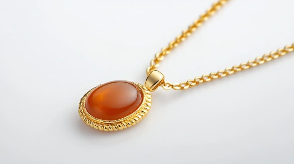 Classic gold necklace with an oval carnelian pendant, featuring a rich orange-red cabochon stone on a delicate chain.